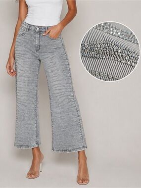 Nina Rossi Wavy Zebra Tiger Stripe Crystal Jeans in Light Grey Wash size medium